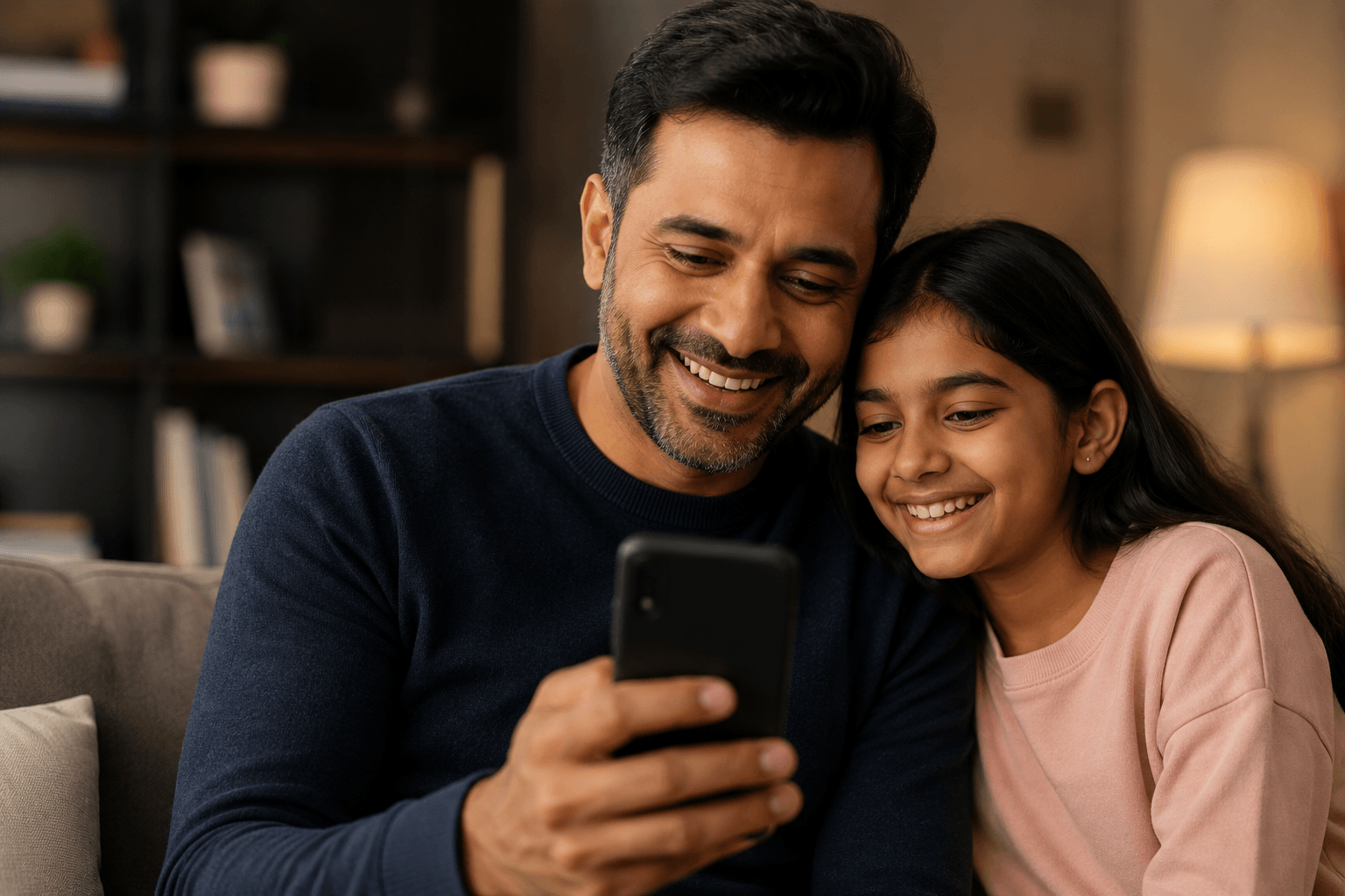 Indian father and daughter looking at a phone together